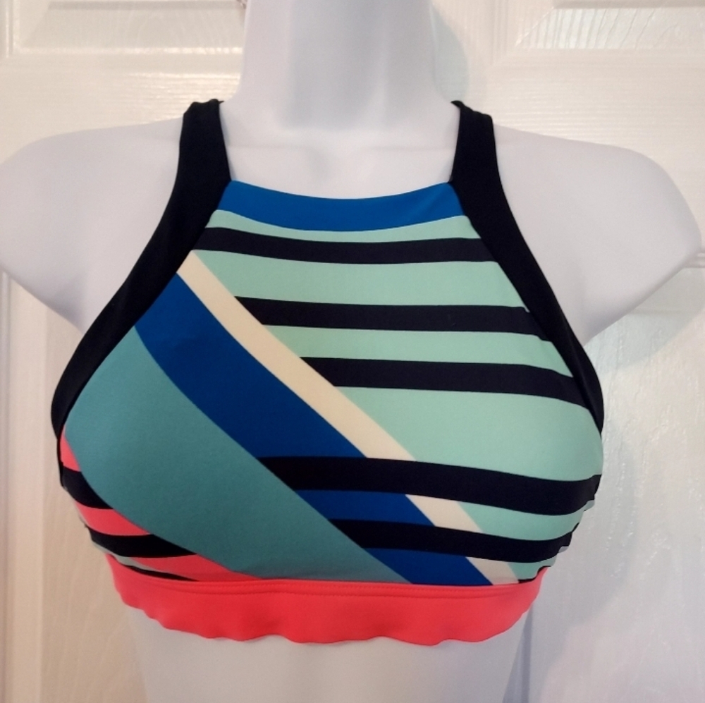 Aerie Swim Top Crop Stripes Pink Blue Teal Black XS Sporty Spice Preppy